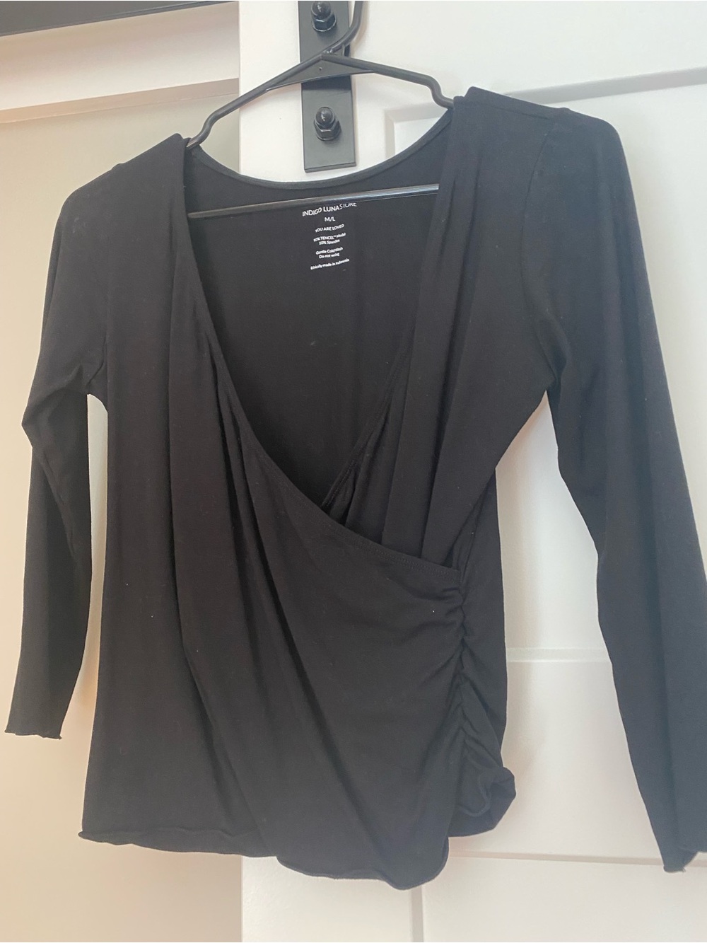 Black Ruched Wrap-Front Long Sleeve Top